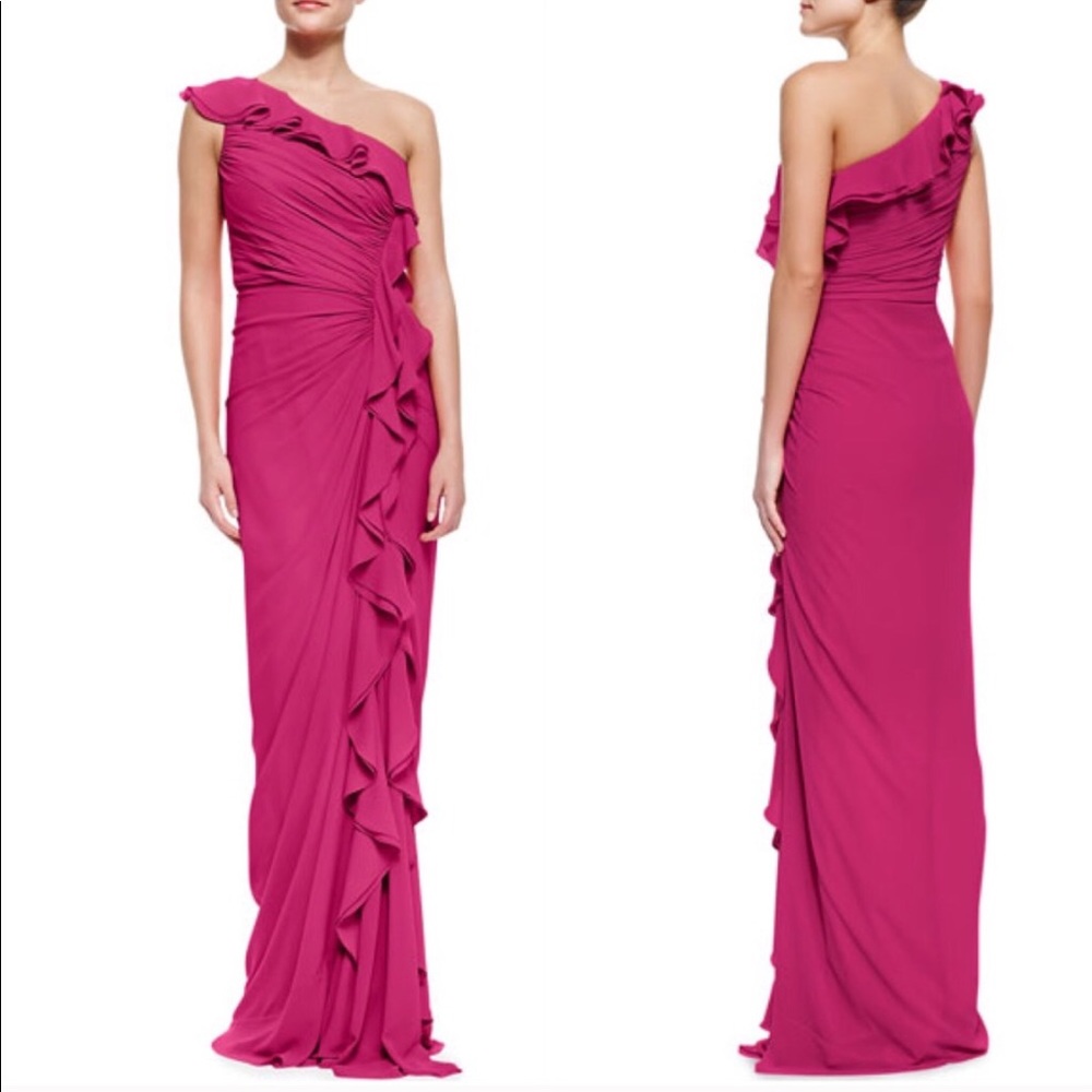 BM One-shoulder Ruched Ruffle-front Silk Gown